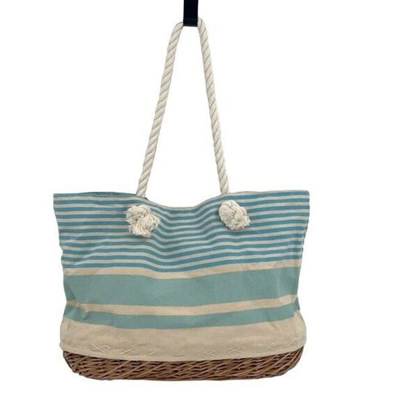 Striped Canvas Womens Wicker Tote Shoulder Beach Bag Blue & White Large NWOT - Picture 3 of 6